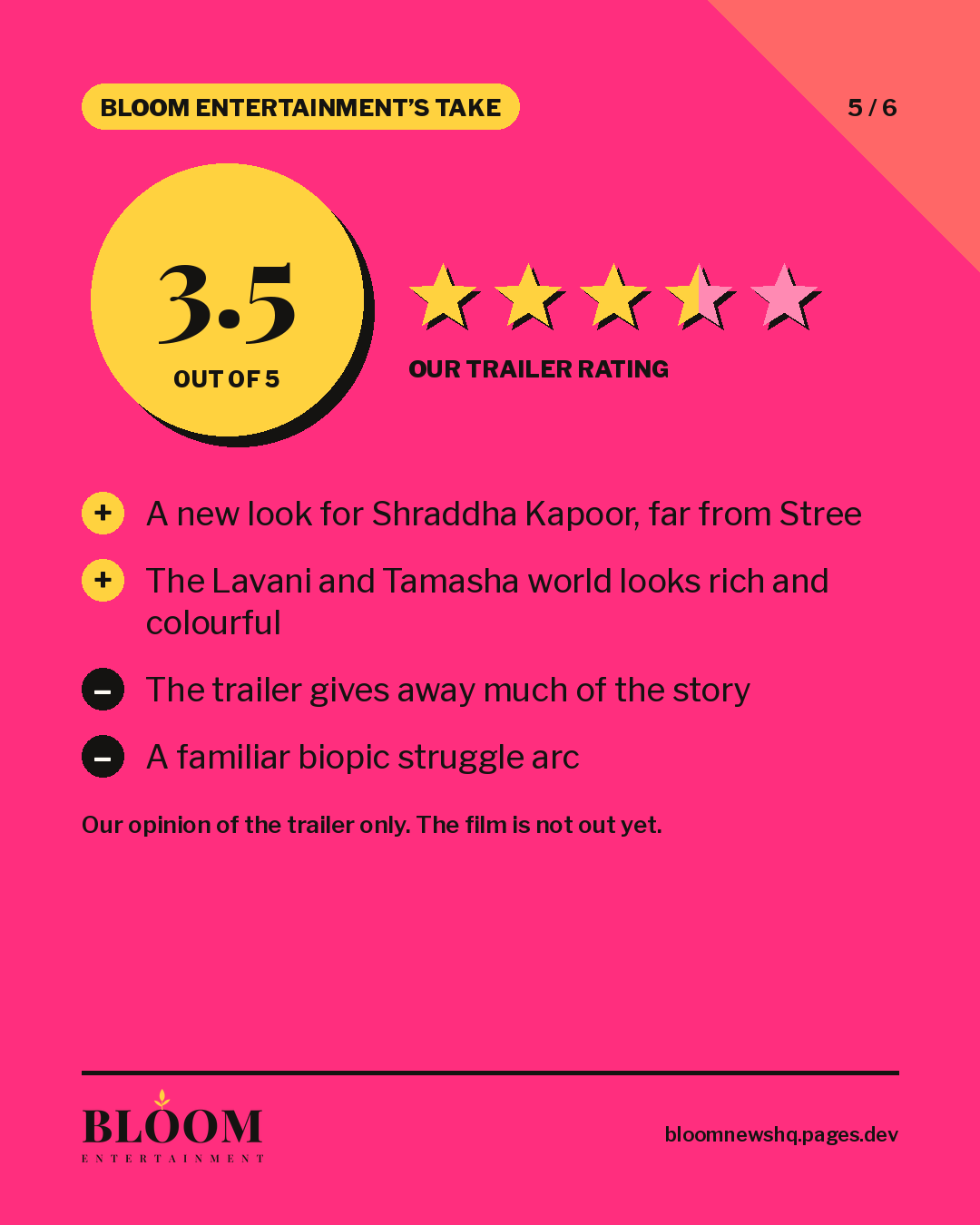 Bloom Entertainment rating card for the Eetha trailer: 3.5 out of 5, with two pluses and two minuses.