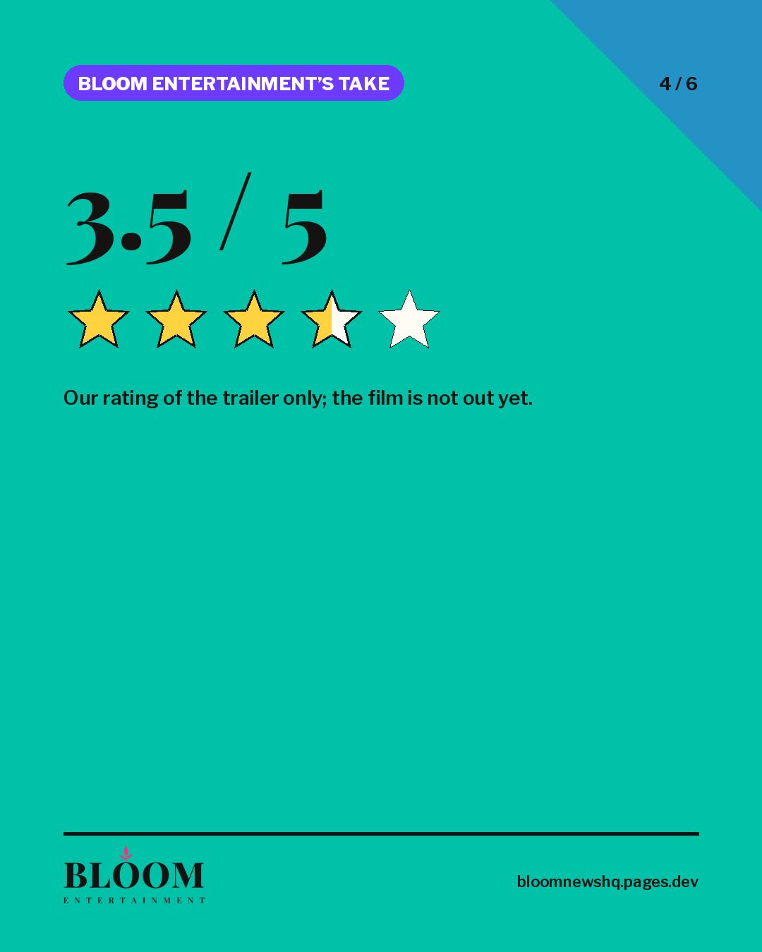 Bloom Entertainment rating card: 3.5 out of 5, shown as three and a half yellow stars.