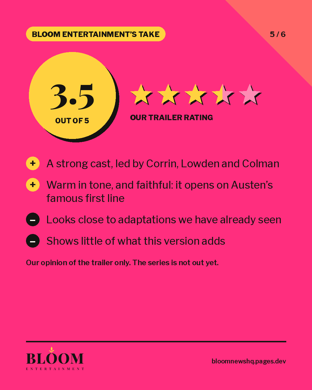 Bloom Entertainment rating card for the Pride and Prejudice trailer: 3.5 out of 5, with three and a half green stars and the reasons for the score.